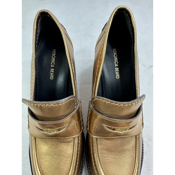 Veronica Beard Metallic Penny Loafer Block Heel Dark Gold Leather Womens 7 - Picture 8 of 9